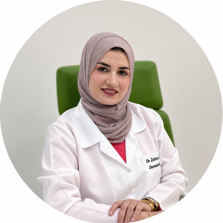 Female dentist in hijab wearing white coat and pink top, seated on green chair against neutral background