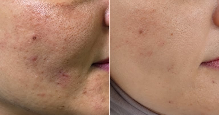 Before and after comparison of skin treatment showing reduction in acne and blemishes on the cheek area