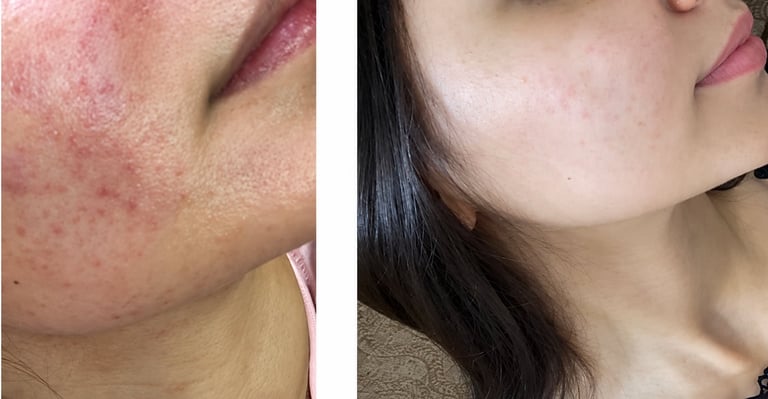 Before and after skin treatment comparison showing facial redness improvement on left and clearer complexion on right