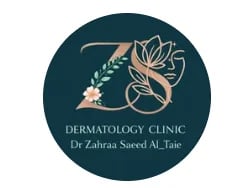 Dermatology Clinic logo featuring wheat and flower illustrations on a teal circular background with Dr Zahraa Saeed Al_Taie text